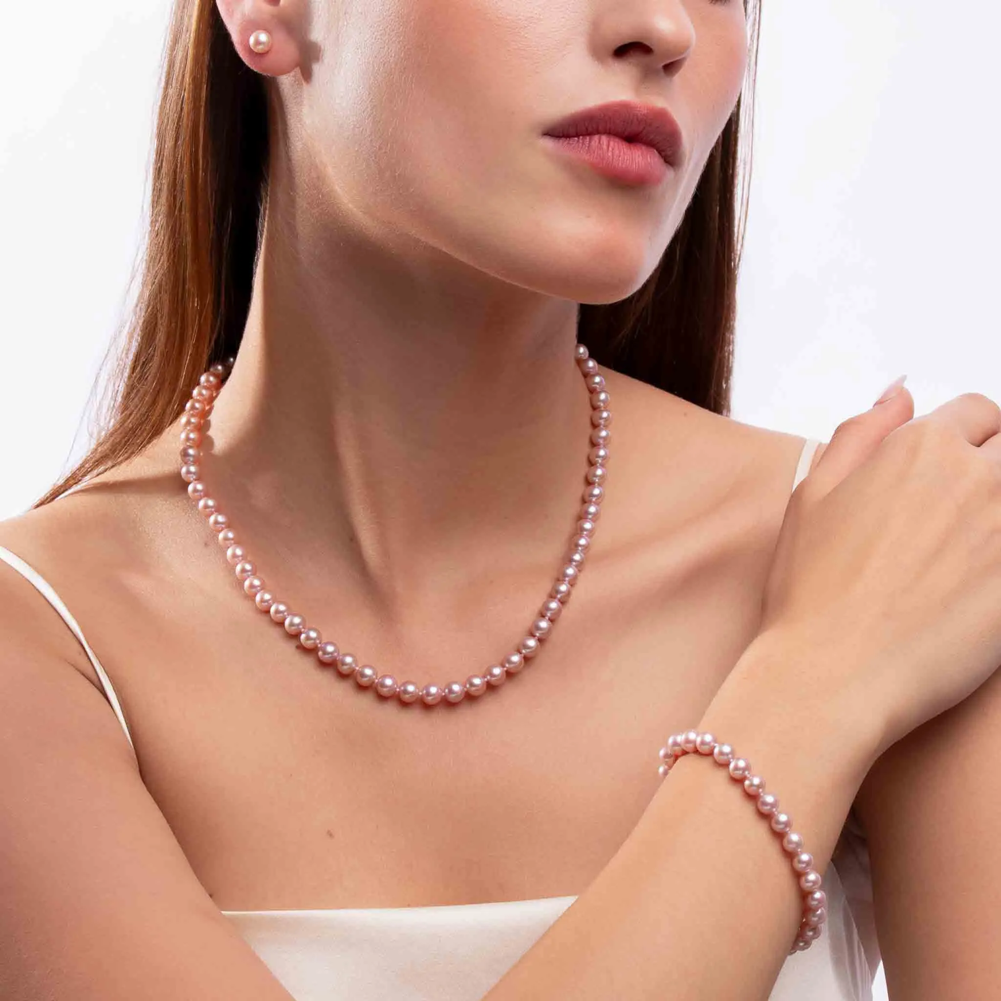 Classic Pink Freshwater Pearl Necklace, Bracelet & Earring Set in 18k Gold