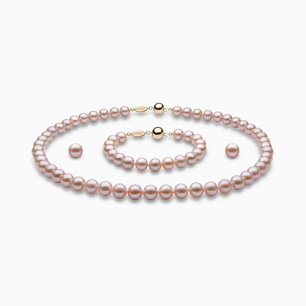 Classic Pink Freshwater Pearl Necklace, Bracelet & Earring Set in 18k Gold