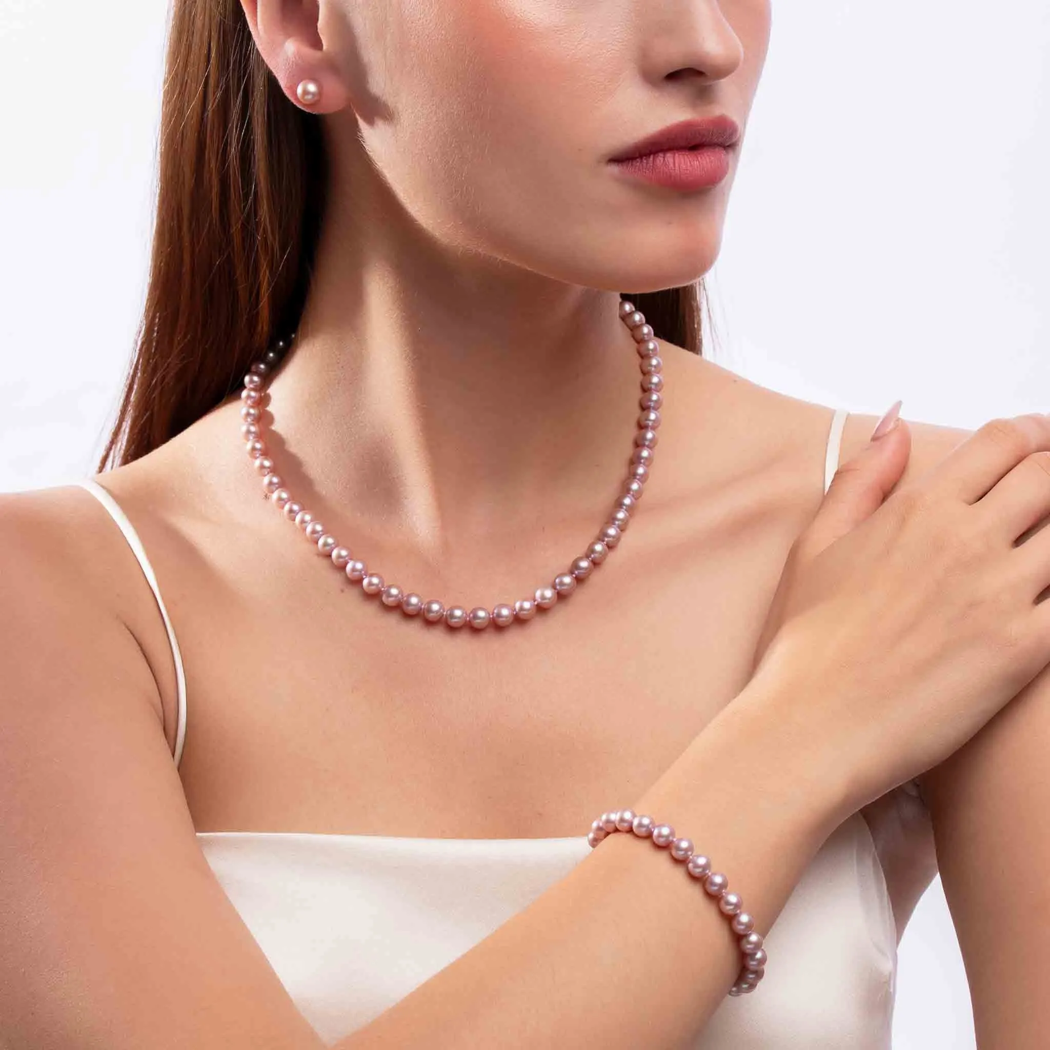 Classic Pink Freshwater Pearl Necklace, Bracelet & Earring Set in 18k Gold