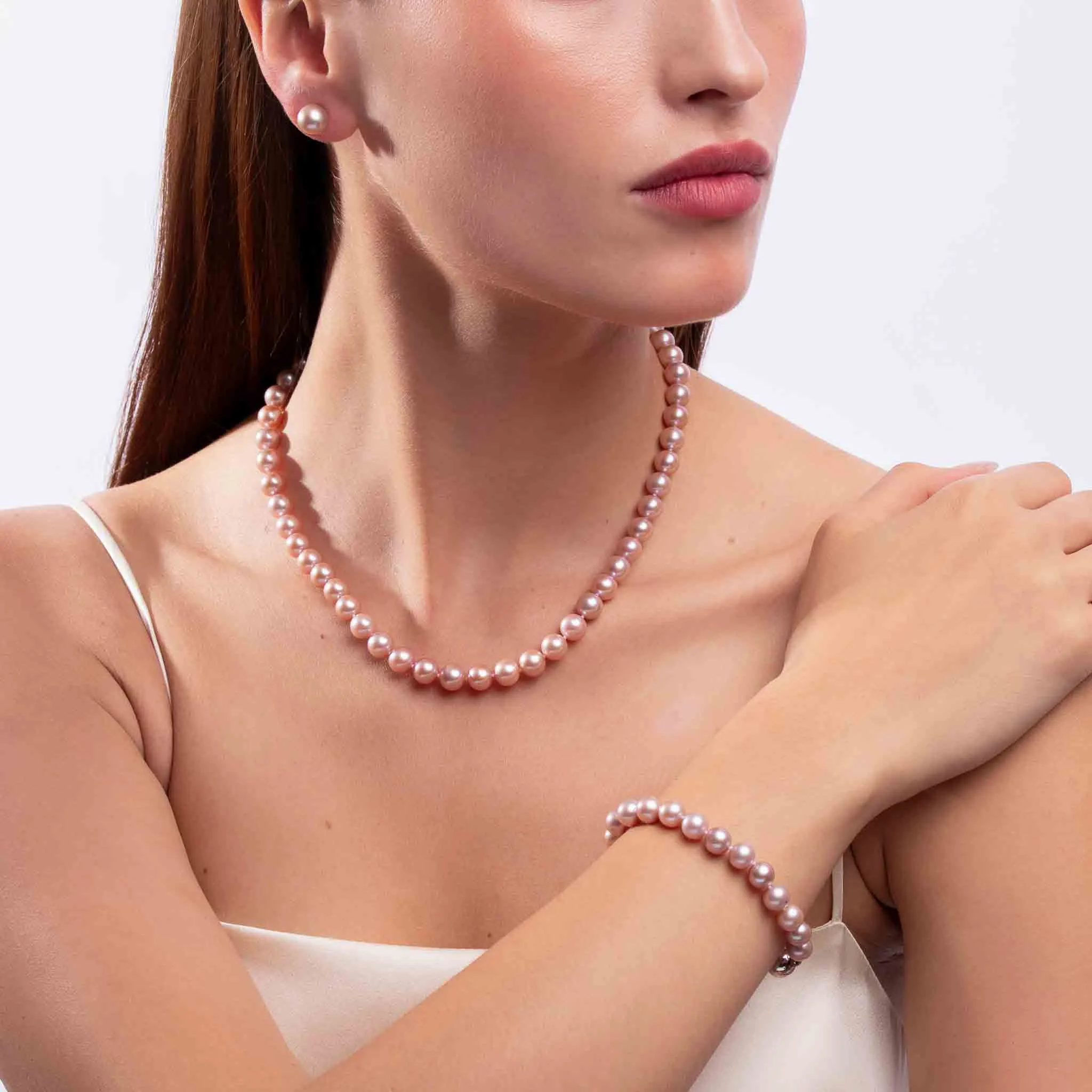 Classic Pink Freshwater Pearl Necklace, Bracelet & Earring Set in 18k Gold