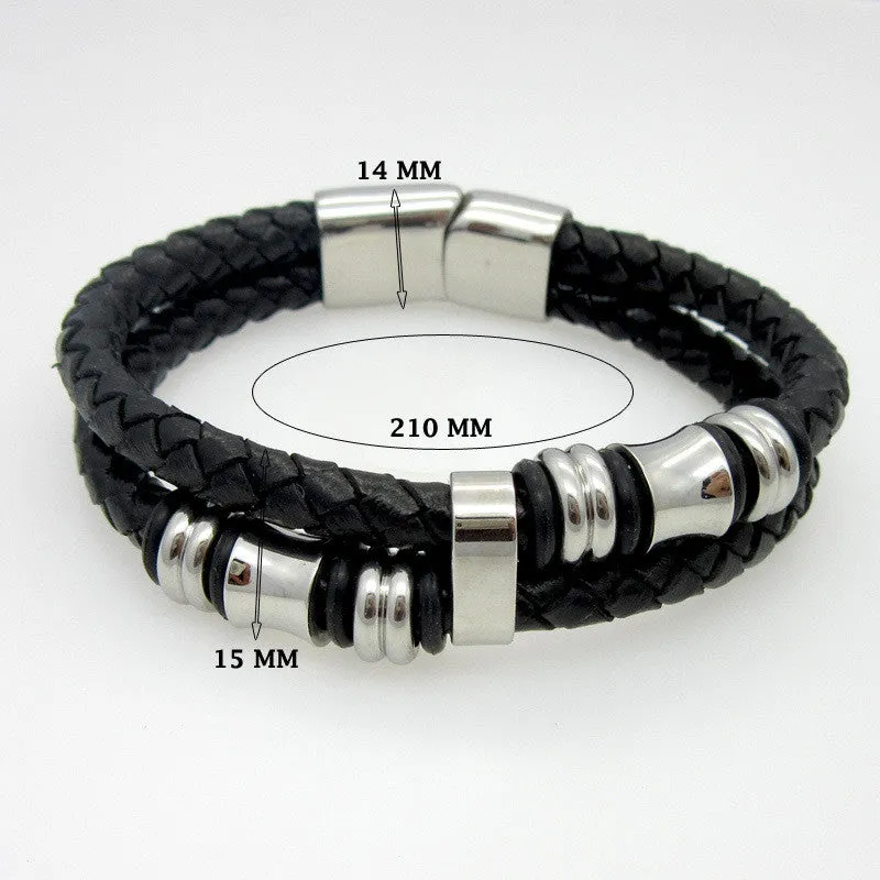 Classical Double Layer Handmade Genuine Leather Weaved Man Bracelets Fashion New Magnet Clasp Good Steel Wristband