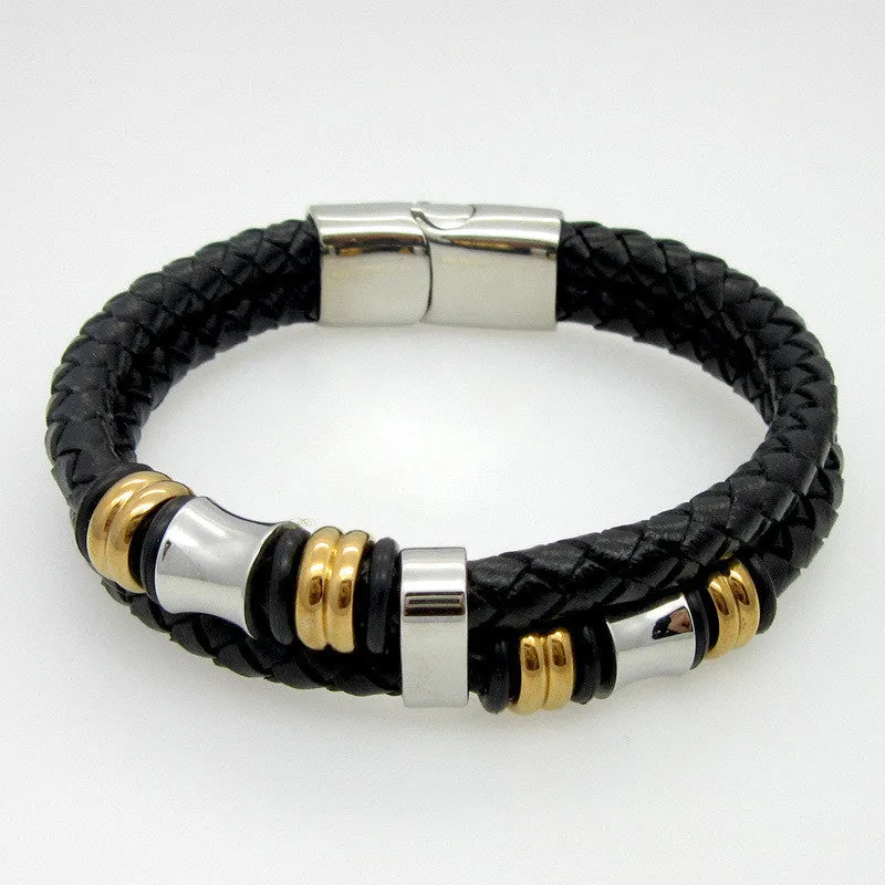 Classical Double Layer Handmade Genuine Leather Weaved Man Bracelets Fashion New Magnet Clasp Good Steel Wristband