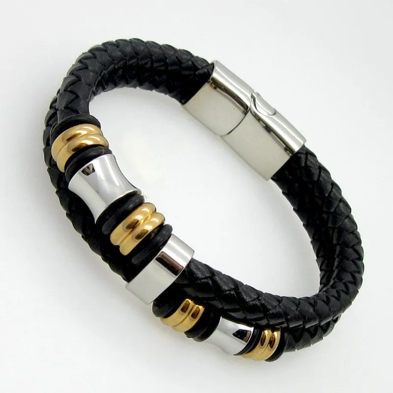 Classical Double Layer Handmade Genuine Leather Weaved Man Bracelets Fashion New Magnet Clasp Good Steel Wristband