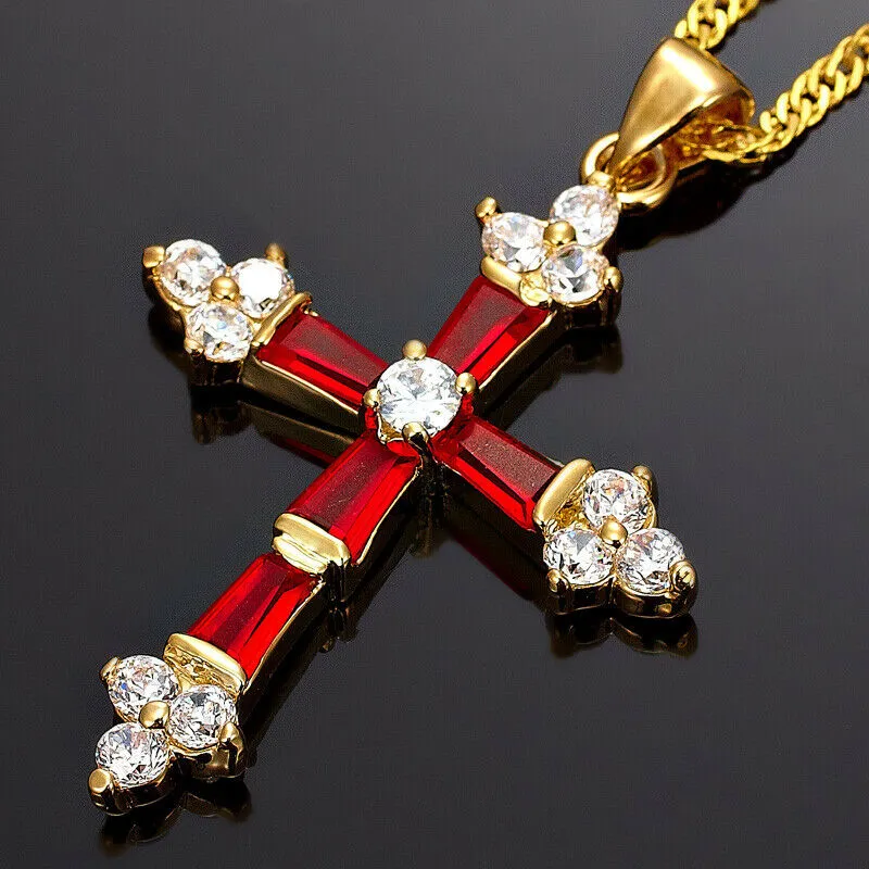 Created Garnet Topaz Cross Pendant Necklace