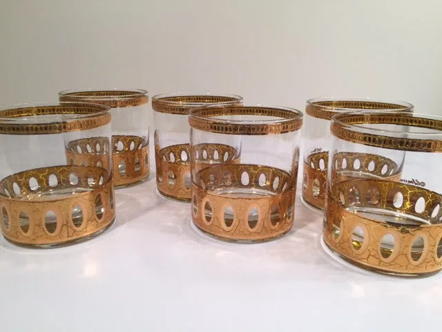 Culver Signed Antigua Mid-Century 22-Karat Gold Rock Glasses (Set of 6)