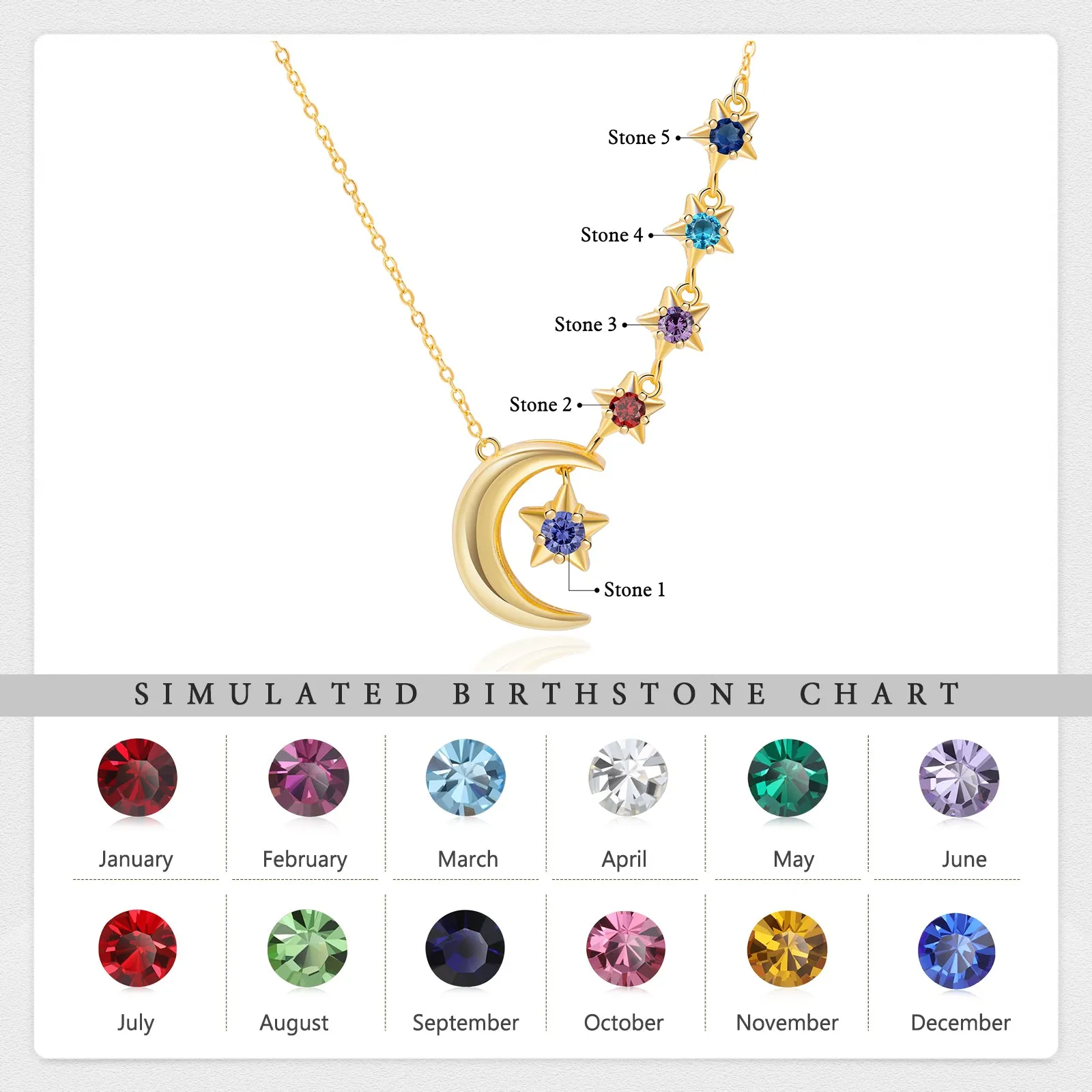 Custom Birthstone Moon and Star Necklace