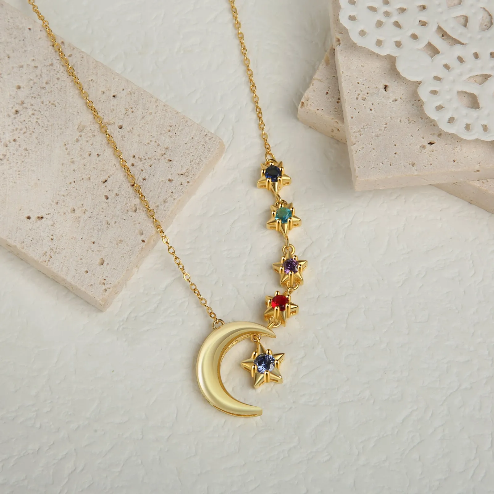 Custom Birthstone Moon and Star Necklace