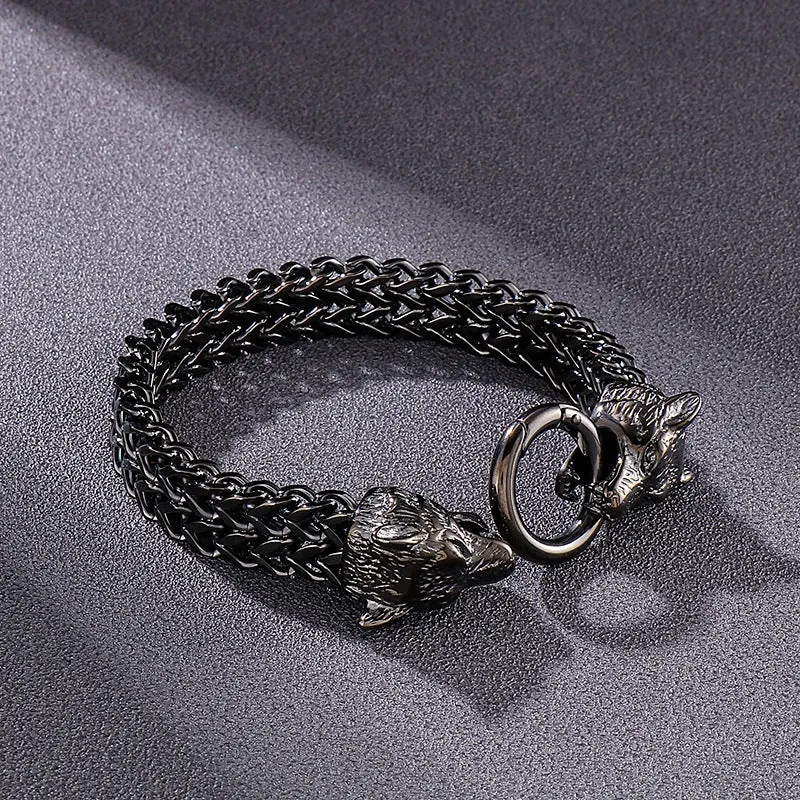 Elegant Double Wolf Head Men's Bracelet in Electroplated Titanium Steel