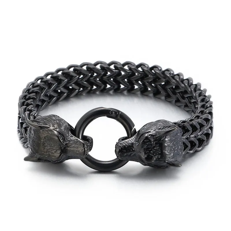 Elegant Double Wolf Head Men's Bracelet in Electroplated Titanium Steel