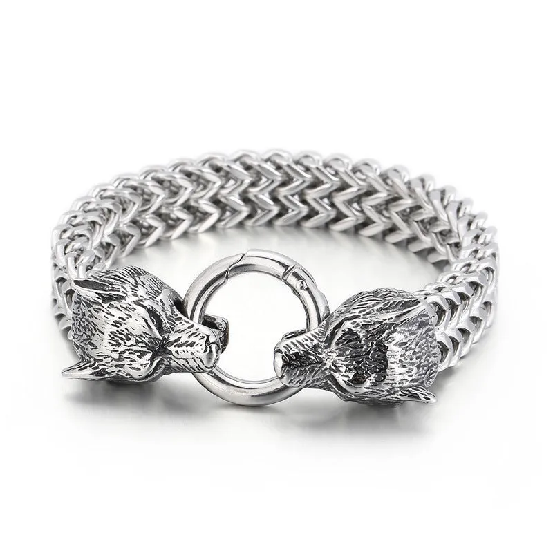 Elegant Double Wolf Head Men's Bracelet in Electroplated Titanium Steel