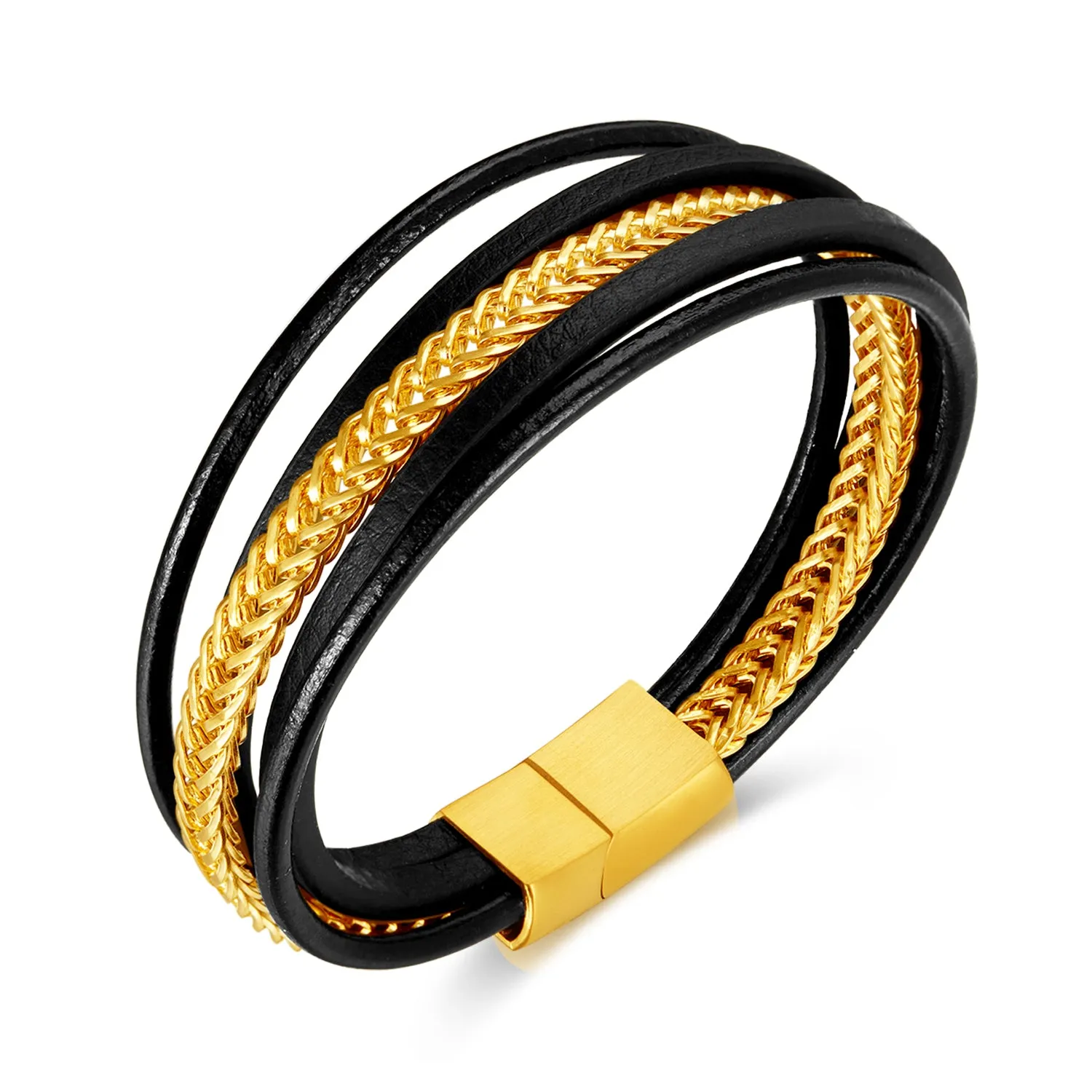 Elegant Men's Leather and Gold Plated Braided Bracelet – Modern, Versatile Design with Secure Clasp