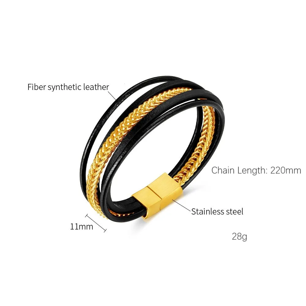 Elegant Men's Leather and Gold Plated Braided Bracelet – Modern, Versatile Design with Secure Clasp