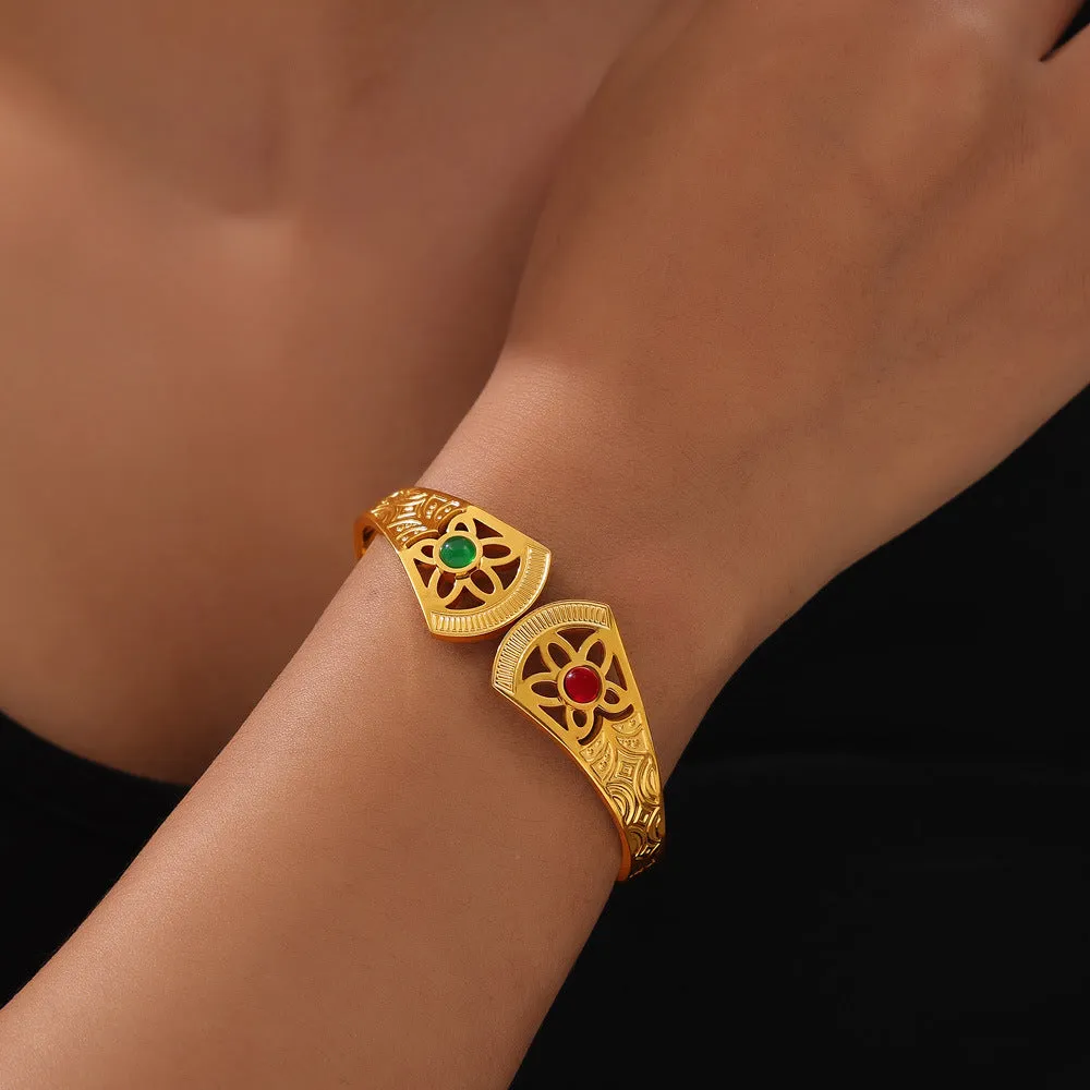 Elegant Natural Stone Hollow Bracelet with Gold-Plated Titanium Steel