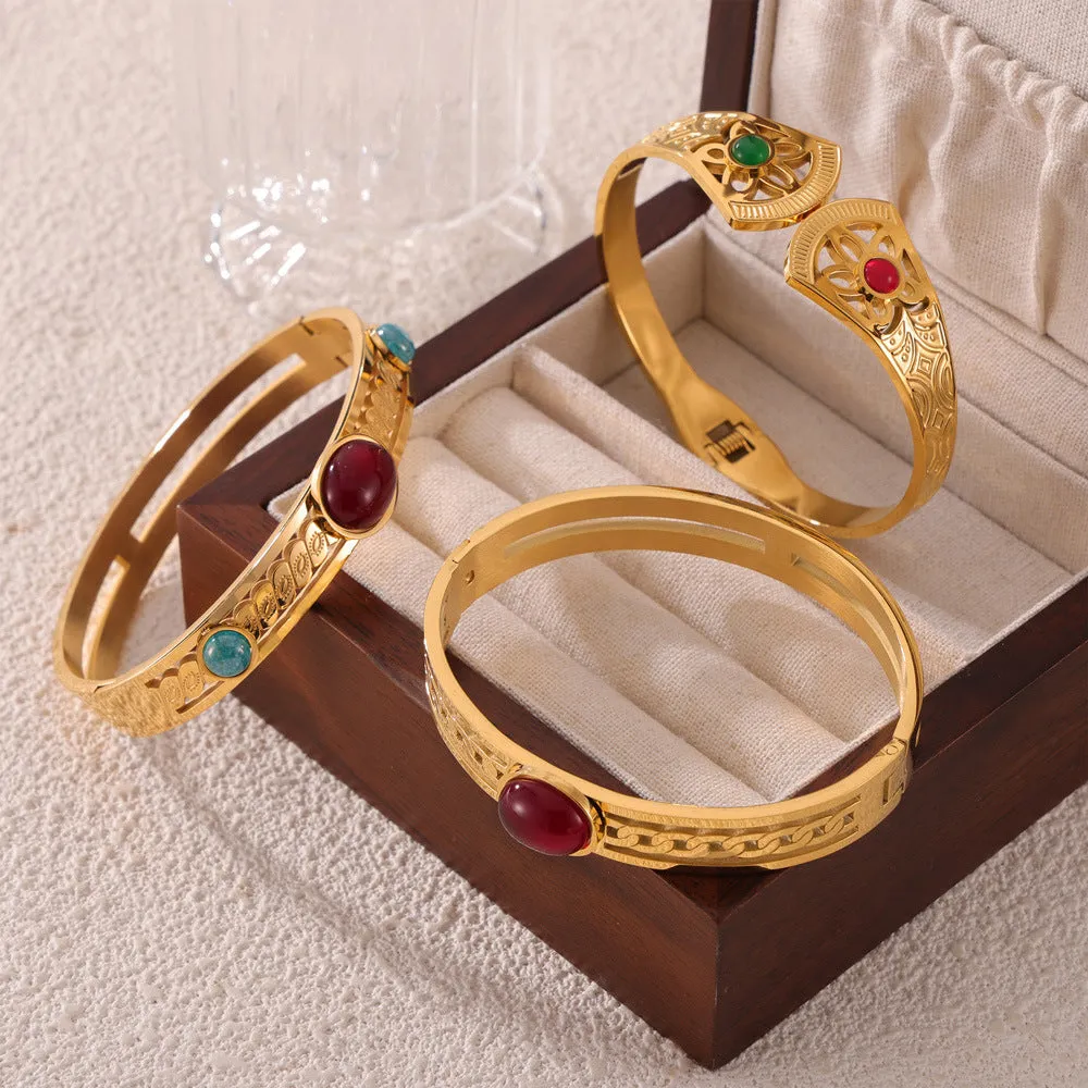 Elegant Natural Stone Hollow Bracelet with Gold-Plated Titanium Steel