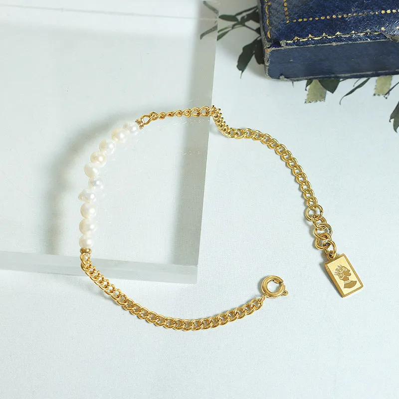 Elegant Pearl Bracelet in Retro Style with Titanium Steel Chain and Gold Plating