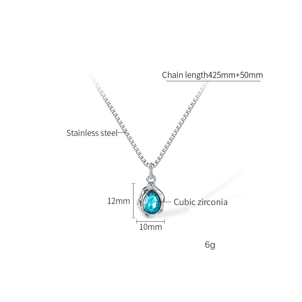 Elegant Women's Teardrop Pendant Necklace with Aquamarine Crystal - Silver Chain Jewelry