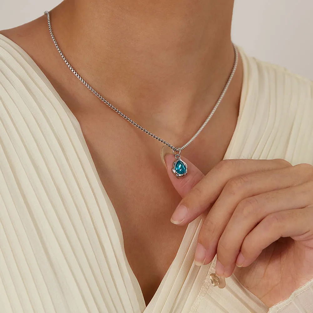 Elegant Women's Teardrop Pendant Necklace with Aquamarine Crystal - Silver Chain Jewelry