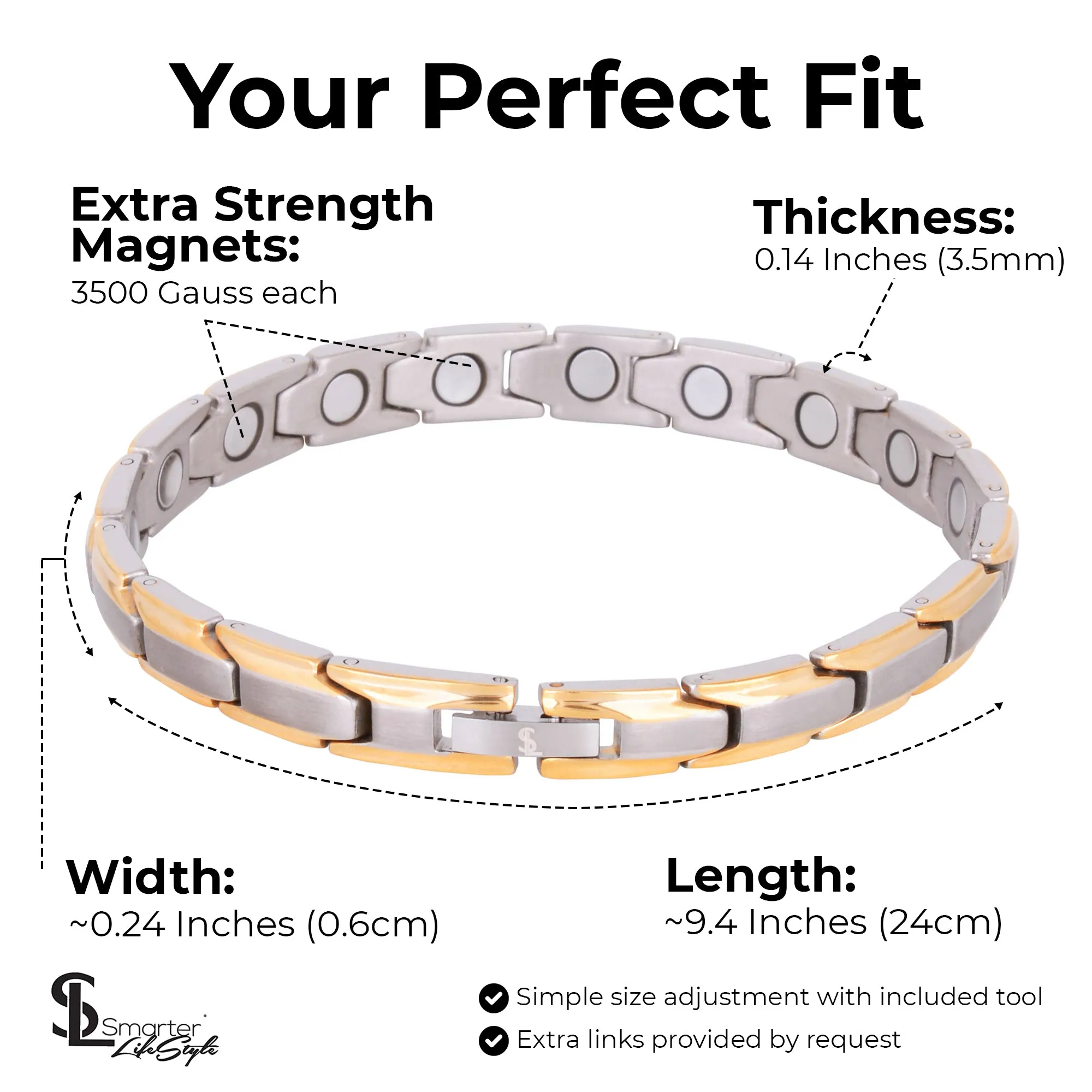 Elegant Womens Titanium Magnetic Therapy Bracelet - 7.8 Inches (20cm) / Silver & Gold