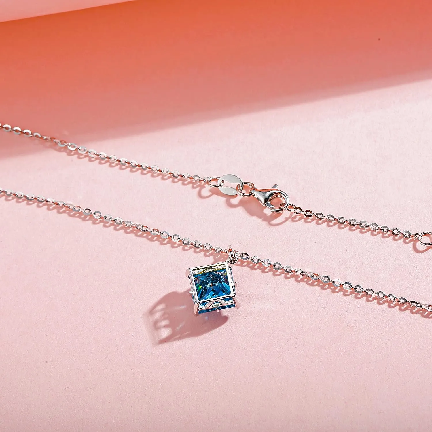 FANCIME "Princess Dream" Aquamarine March Square Gemstone Sterling Silver Necklace