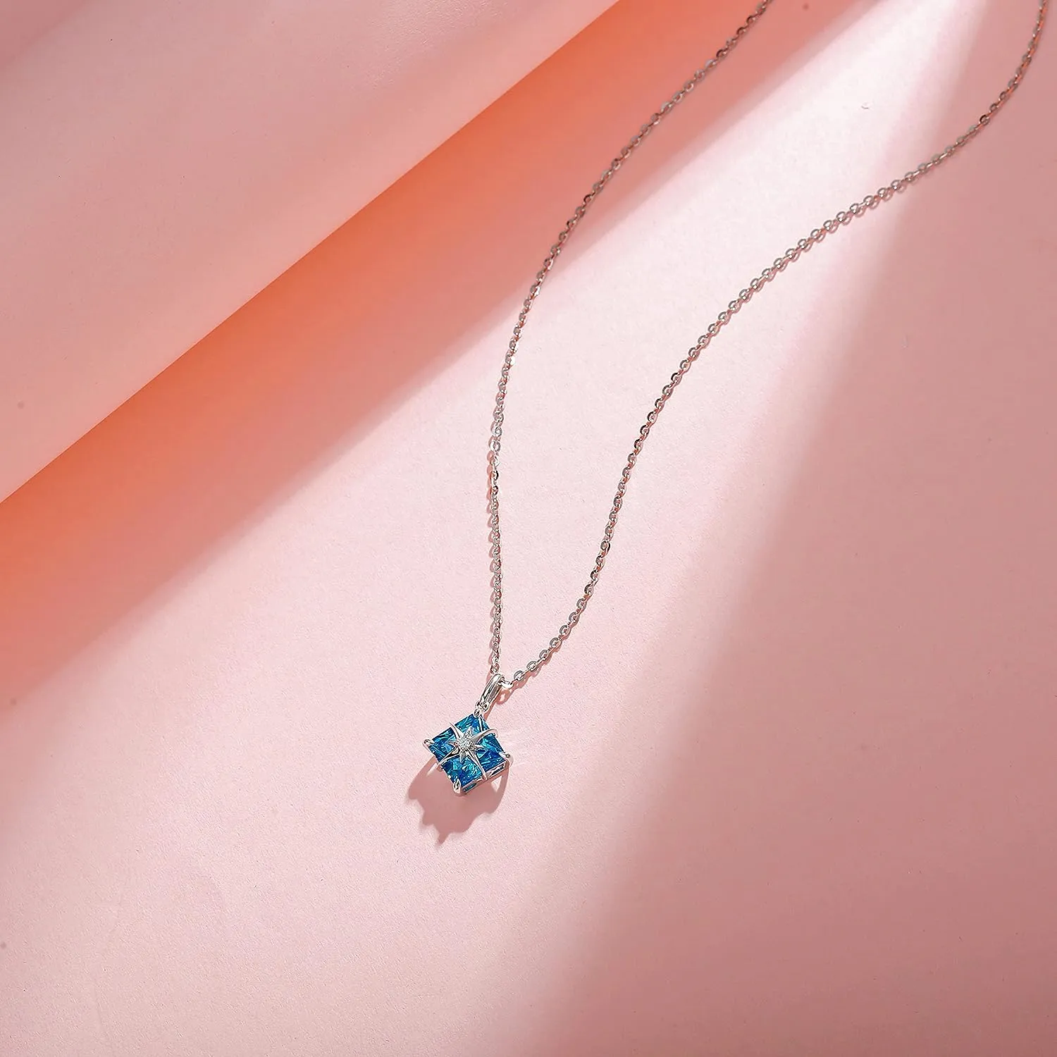 FANCIME "Princess Dream" Aquamarine March Square Gemstone Sterling Silver Necklace