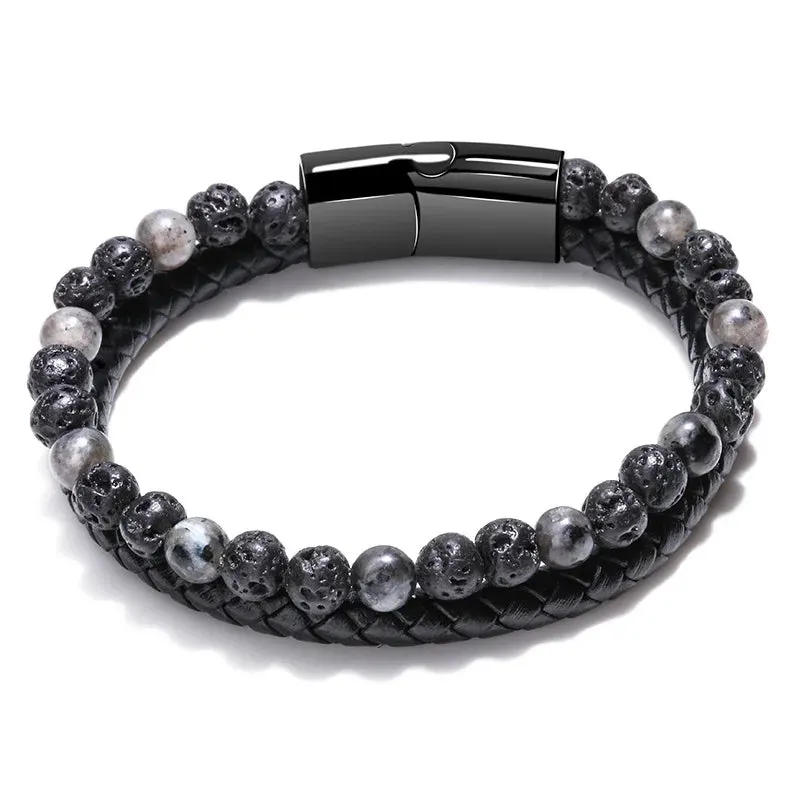 Fashion Black Leather Beaded Bracelet for Men Charm Magnetic Braided Punk Rock Man Cuff Bracelets Men Pulseira Masculina