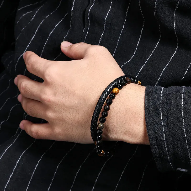 Fashion Black Leather Beaded Bracelet for Men Charm Magnetic Braided Punk Rock Man Cuff Bracelets Men Pulseira Masculina