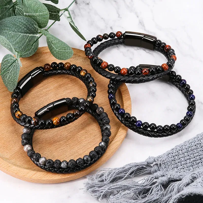 Fashion Black Leather Beaded Bracelet for Men Charm Magnetic Braided Punk Rock Man Cuff Bracelets Men Pulseira Masculina