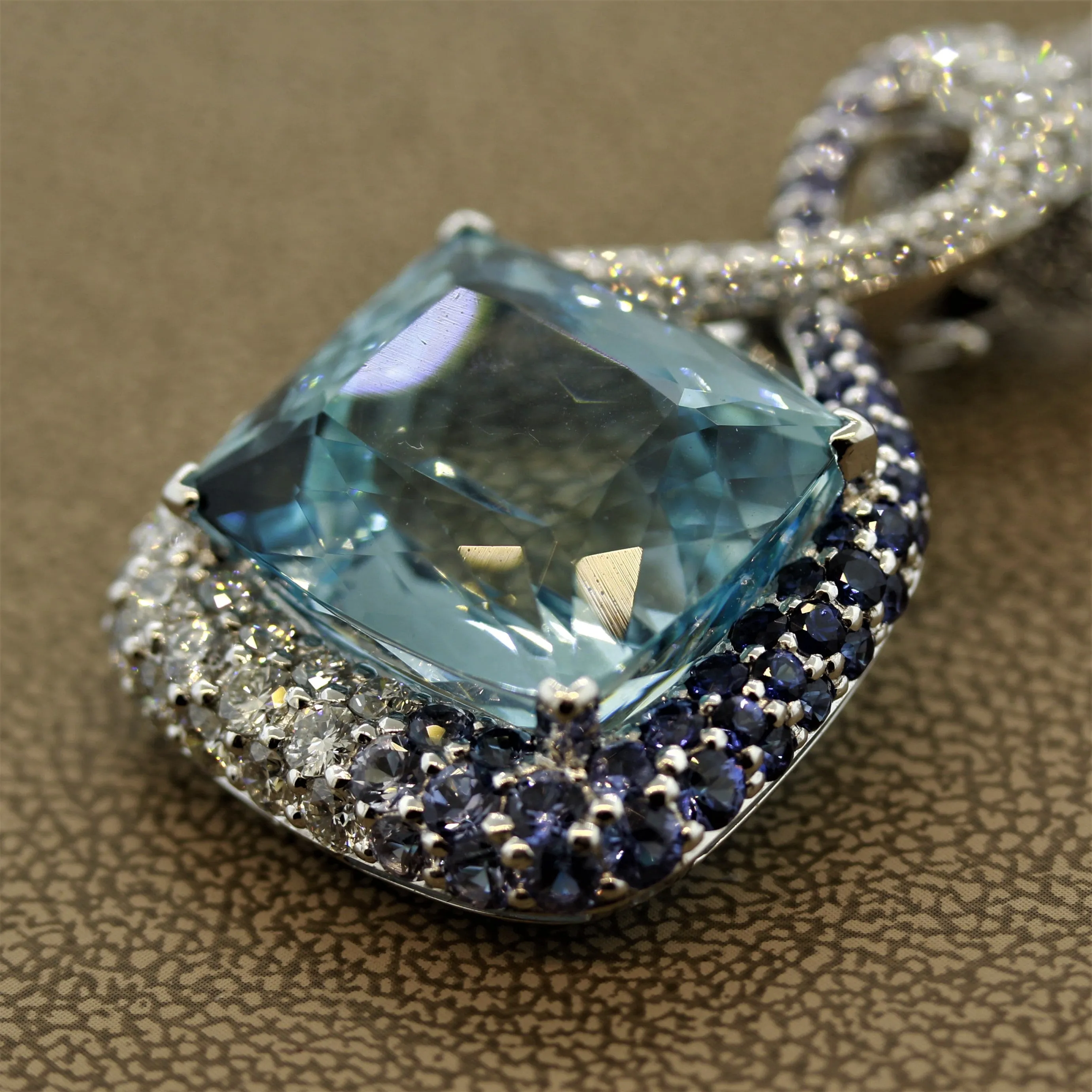 Fine Aquamarine Diamond Sapphire Gold Pendant Necklace