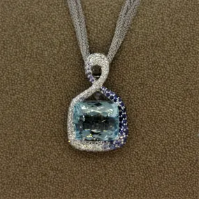 Fine Aquamarine Diamond Sapphire Gold Pendant Necklace