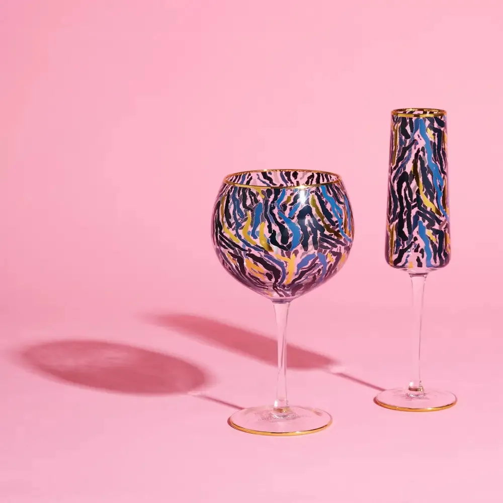 Frida Set of 2 Zebra Print Glasses Navy & Gold - Flute OR Gin