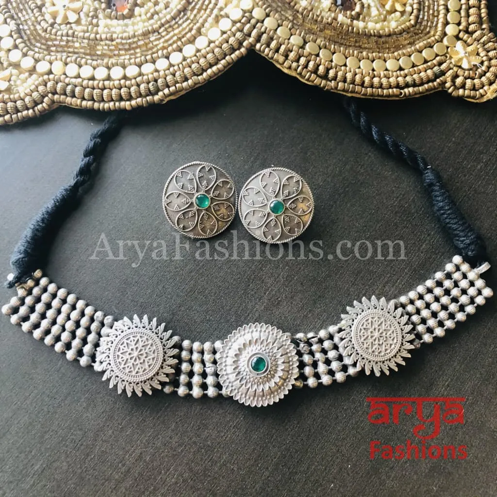 German Silver Tribal Choker with colored stones