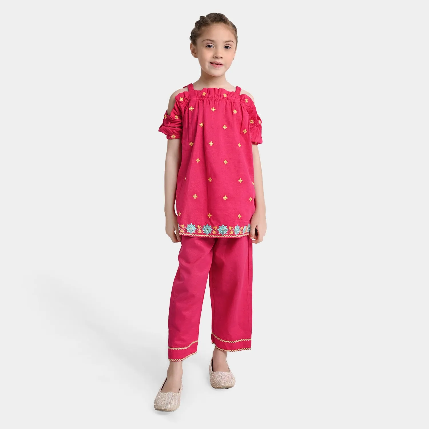 Girls Cotton Slub Little Bloom 2PCs Suit - Magenta