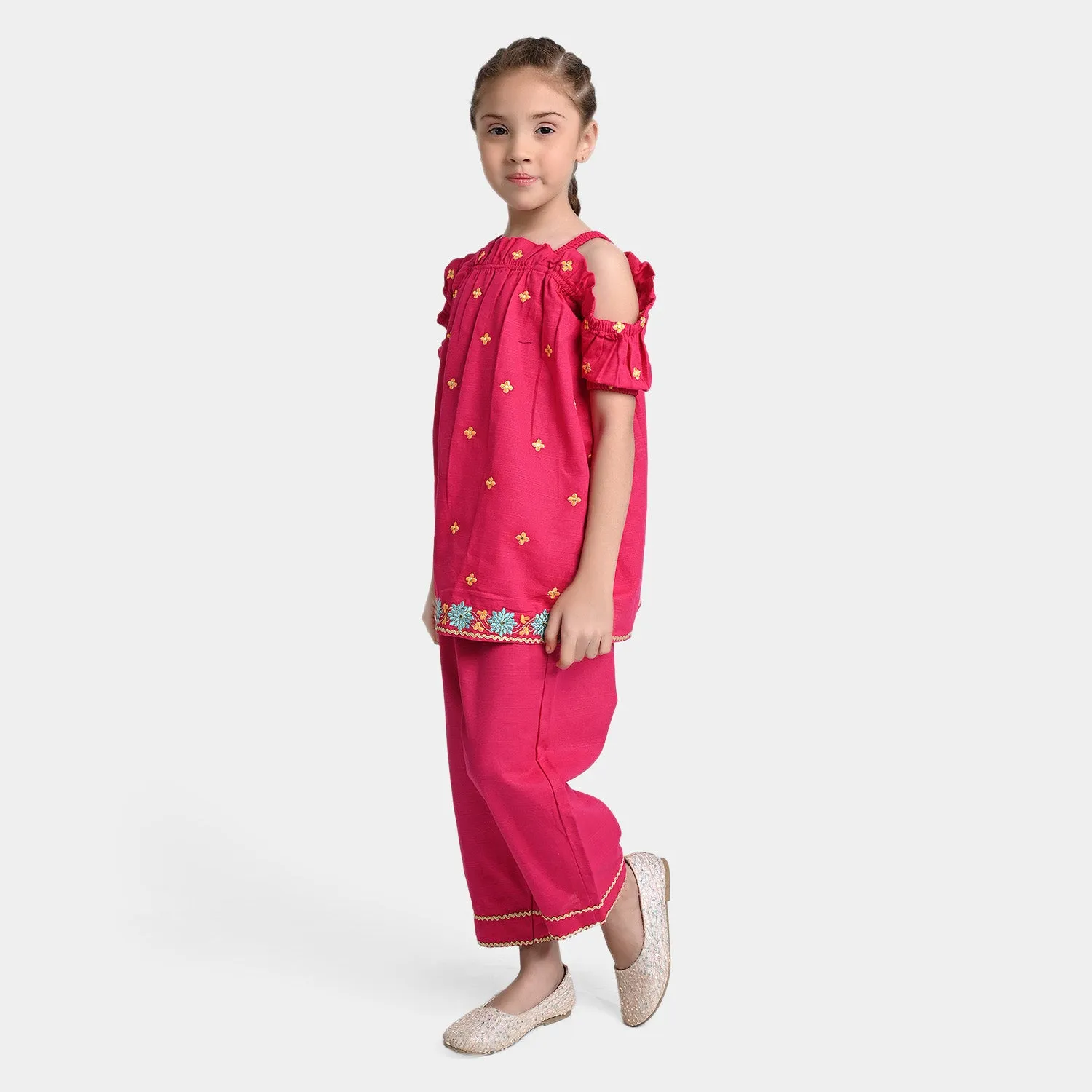 Girls Cotton Slub Little Bloom 2PCs Suit - Magenta