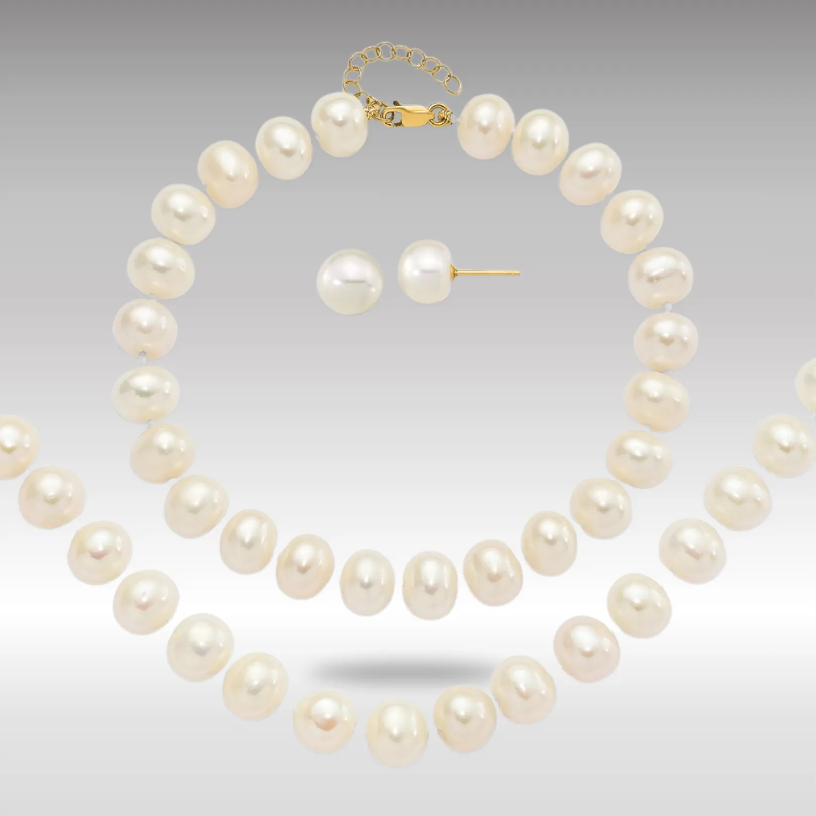 Gold 8-9mm Near Round White FWC Pearl Earring with 1in ext. Bracelet with 2in ext Necklace - Model XF769SET