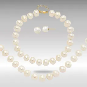 Gold 8-9mm Near Round White FWC Pearl Earring with 1in ext. Bracelet with 2in ext Necklace - Model XF769SET