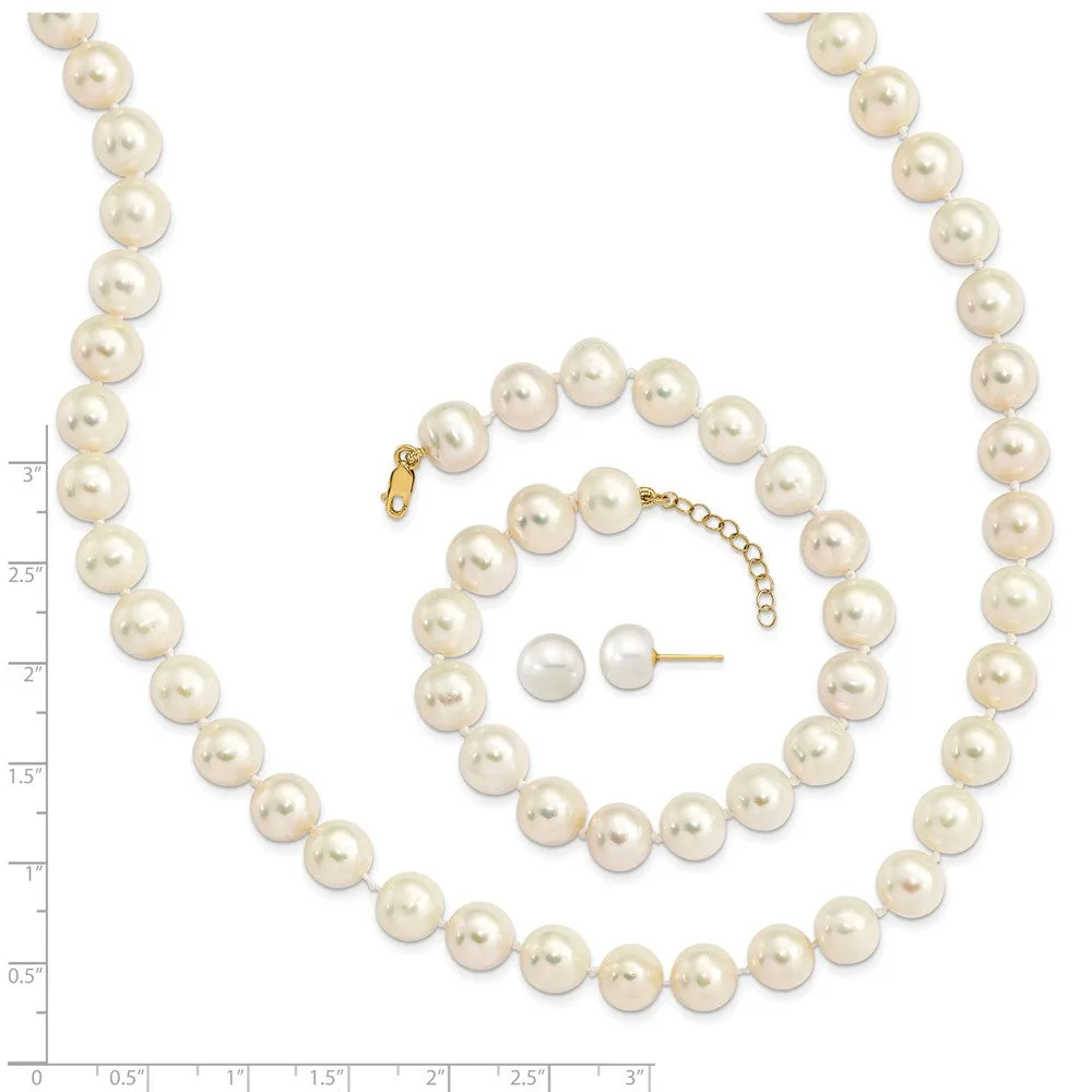 Gold 8-9mm Near Round White FWC Pearl Earring with 1in ext. Bracelet with 2in ext Necklace - Model XF769SET