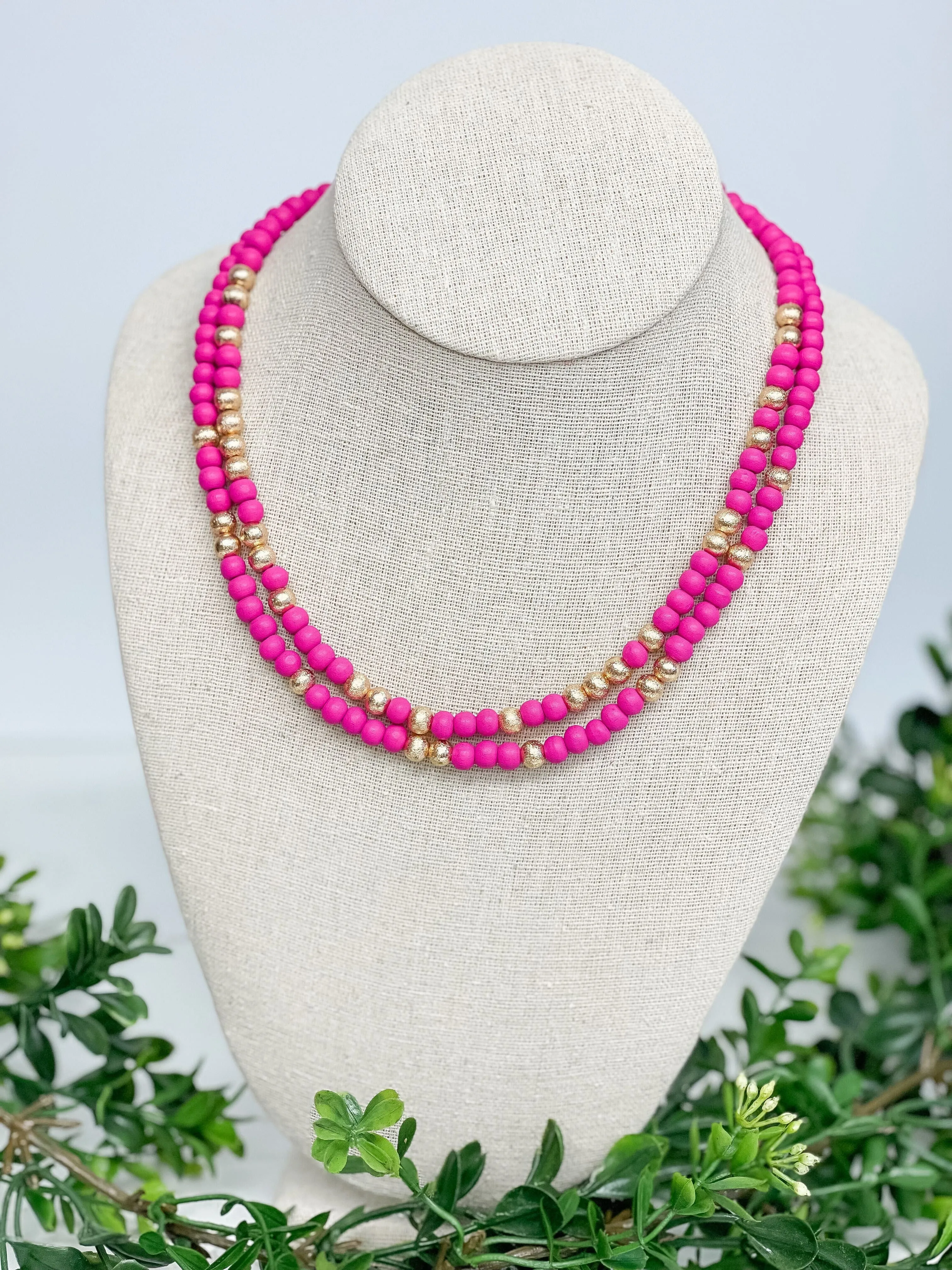 Gold & Color Bead Dual Strand Necklace - Pink