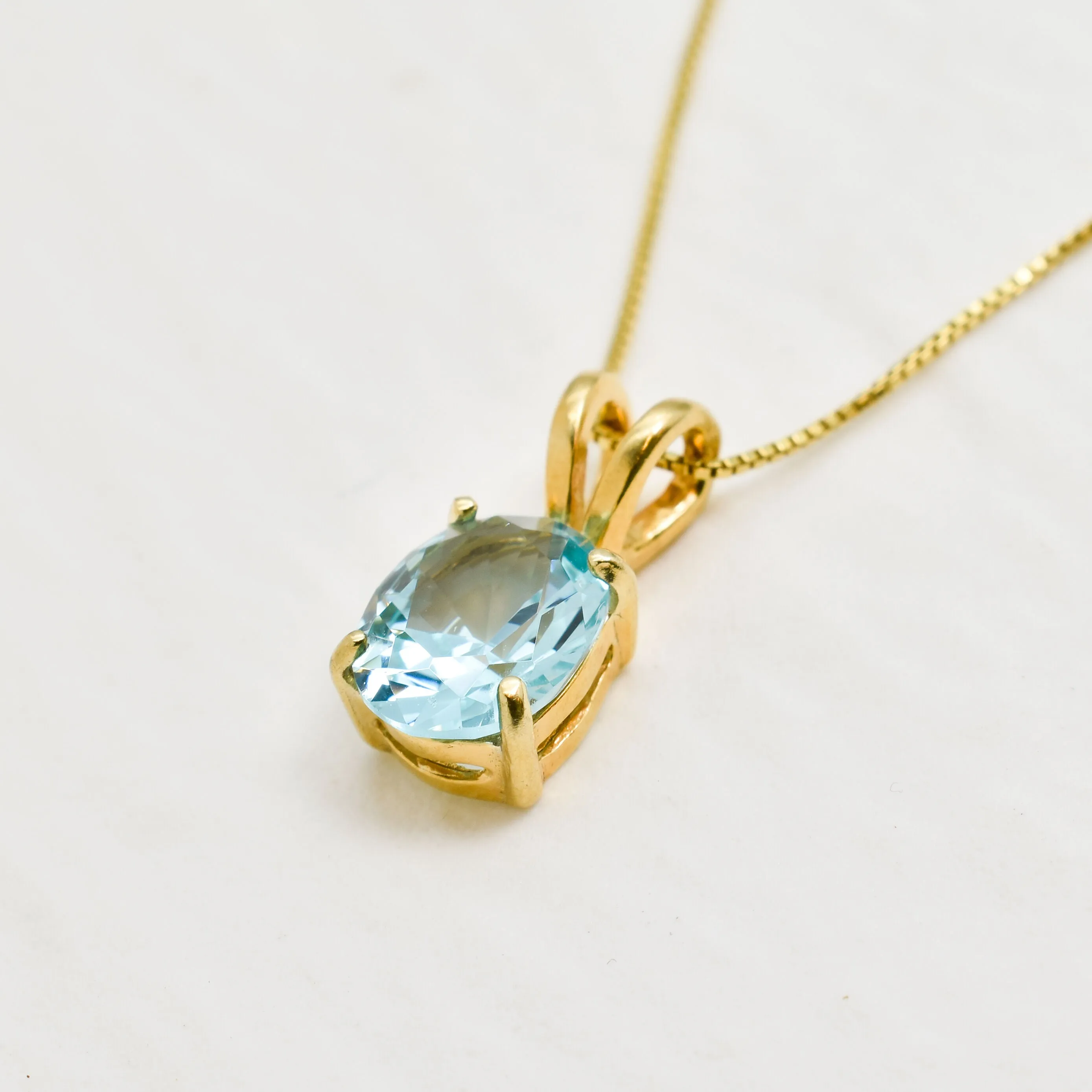 Gold Aqua Pendant - Created Aquamarine Necklace, Blue Oval Pendant