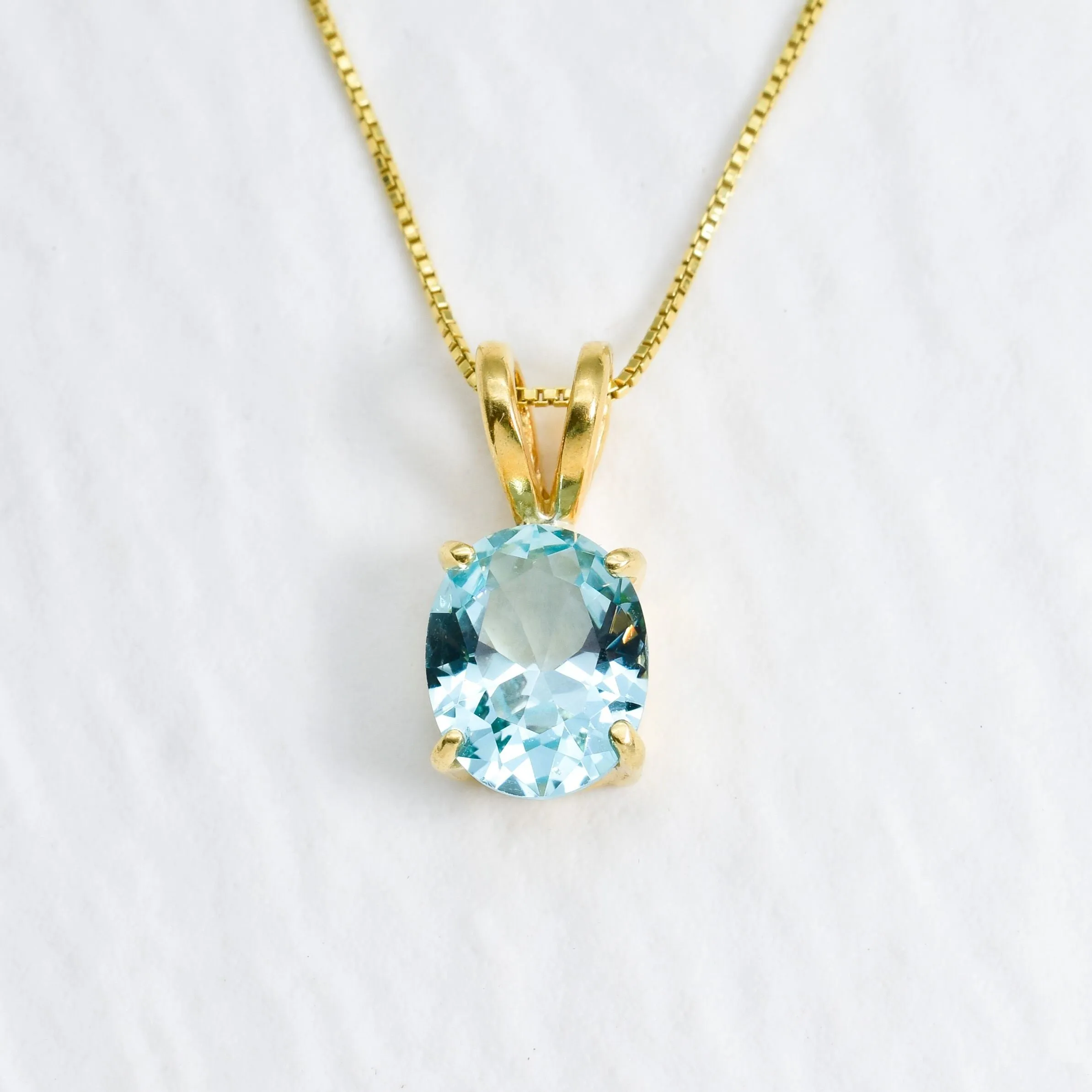 Gold Aqua Pendant - Created Aquamarine Necklace, Blue Oval Pendant