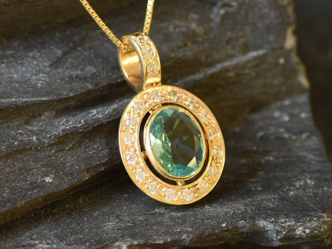 Gold Aqua Pendant - Vintage Aquamarine Necklace, Gold Vintage Necklace