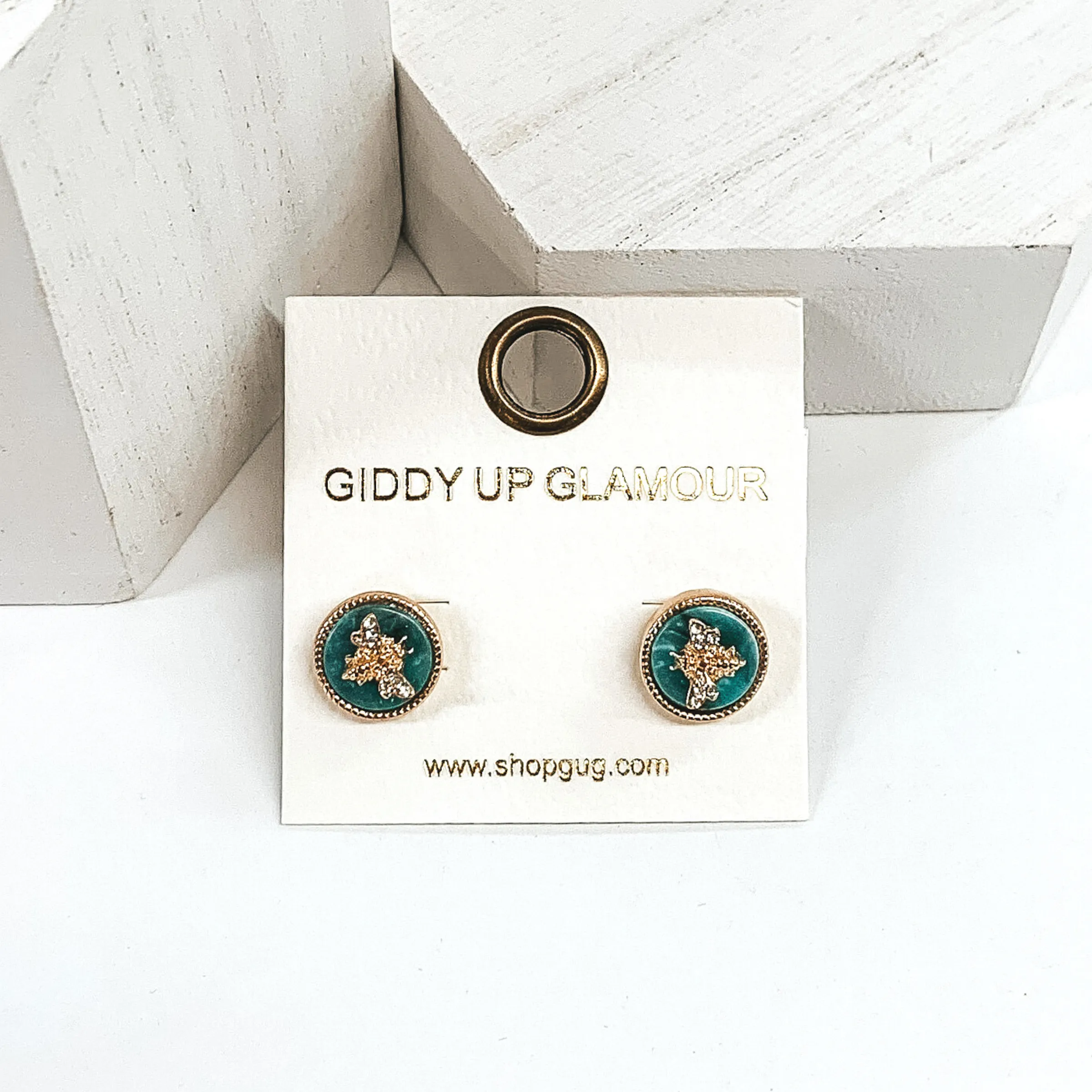 Gold Bumble Bee Circle Stud Earrings in Sea Green