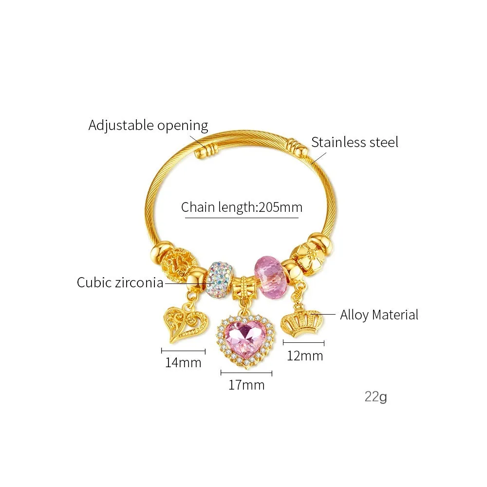 Gold Charm Bracelet for Women with Pink Heart and Crown Charms - Elegant and Stylish Jewelry for Any Occasion