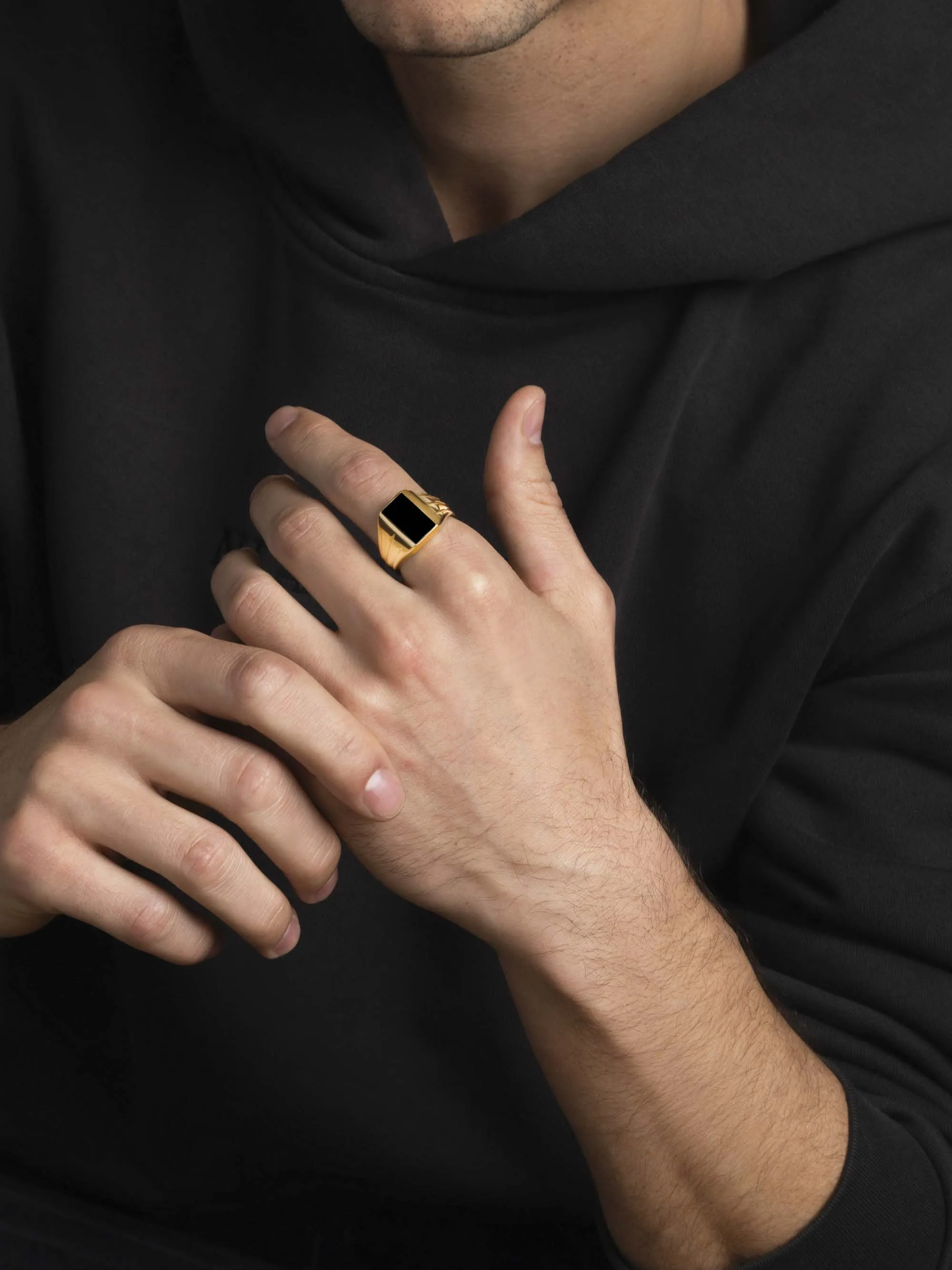 Gold Squared Signet Ring with Onyx