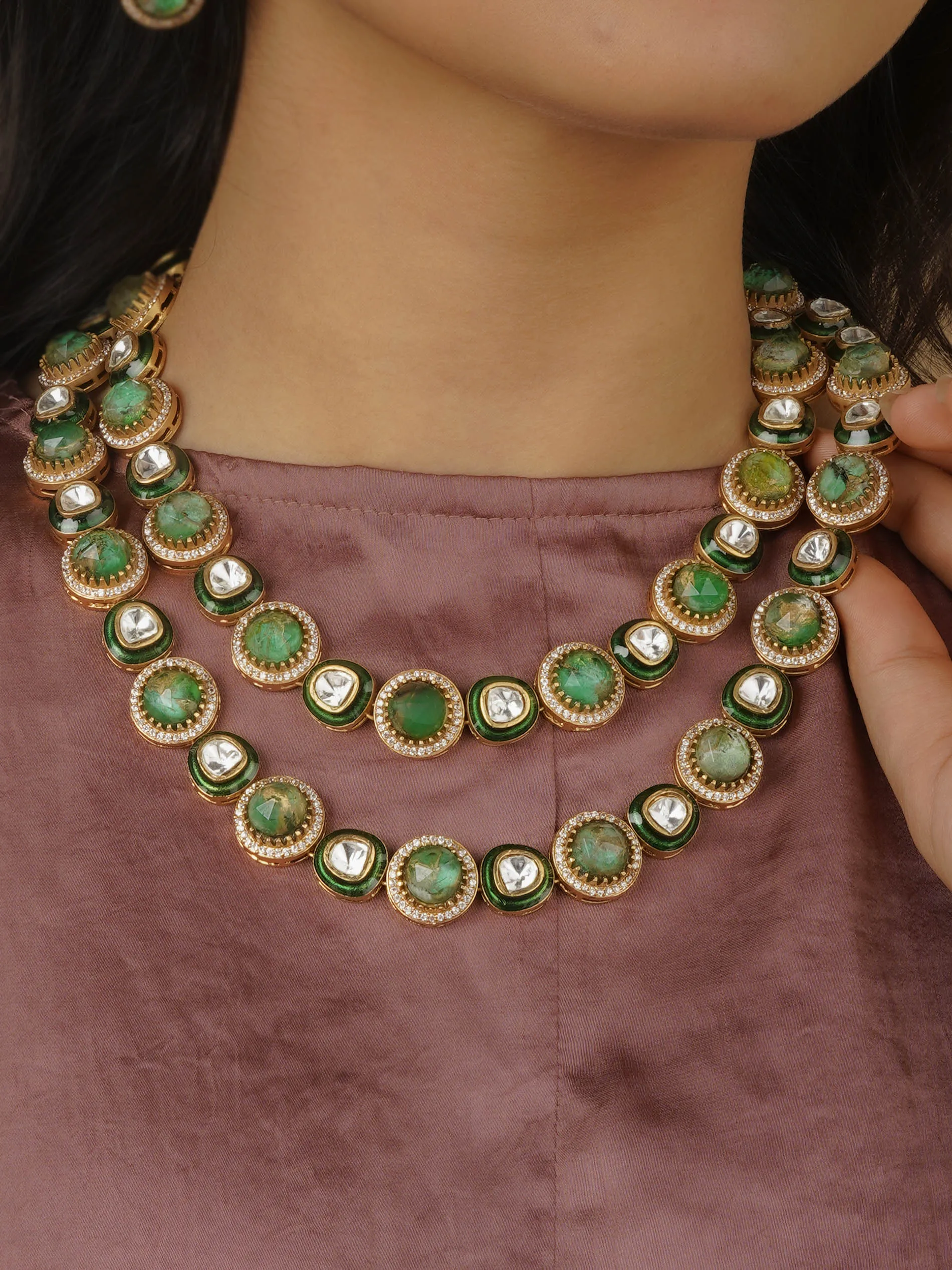 Green Color Gold Plated Contemporary Necklace Set - CC-S14GR