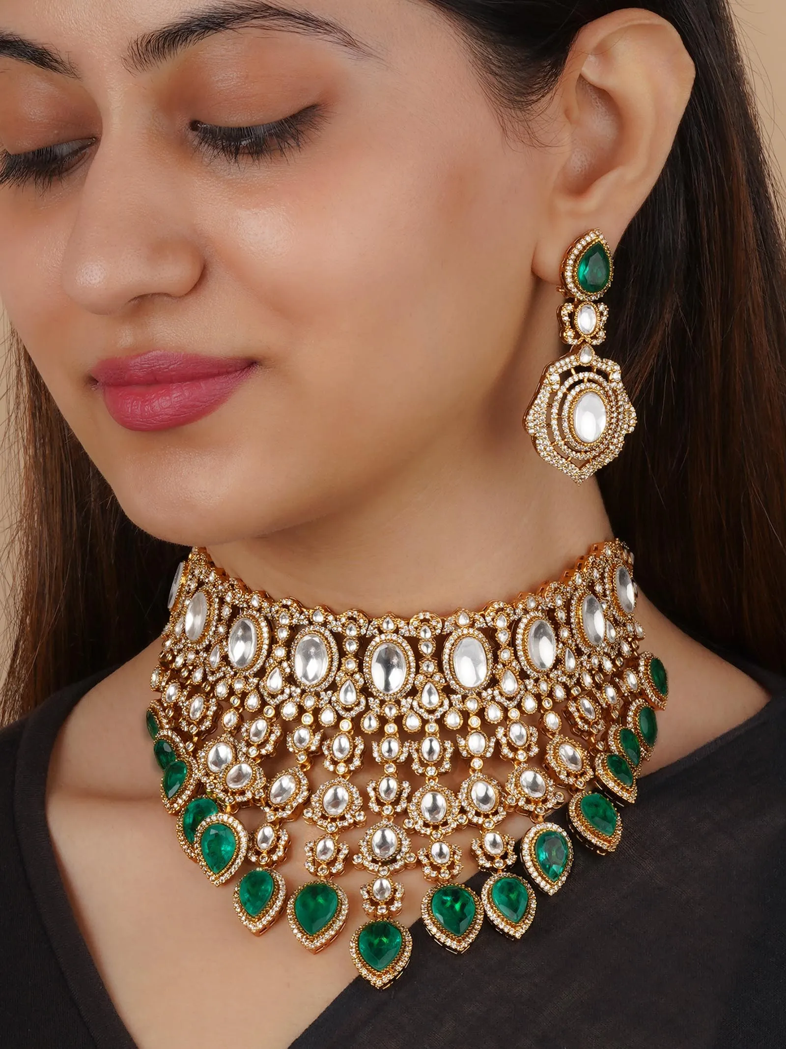 Green Color Gold Plated Faux Diamond Bridal Necklace Set - CZSET352