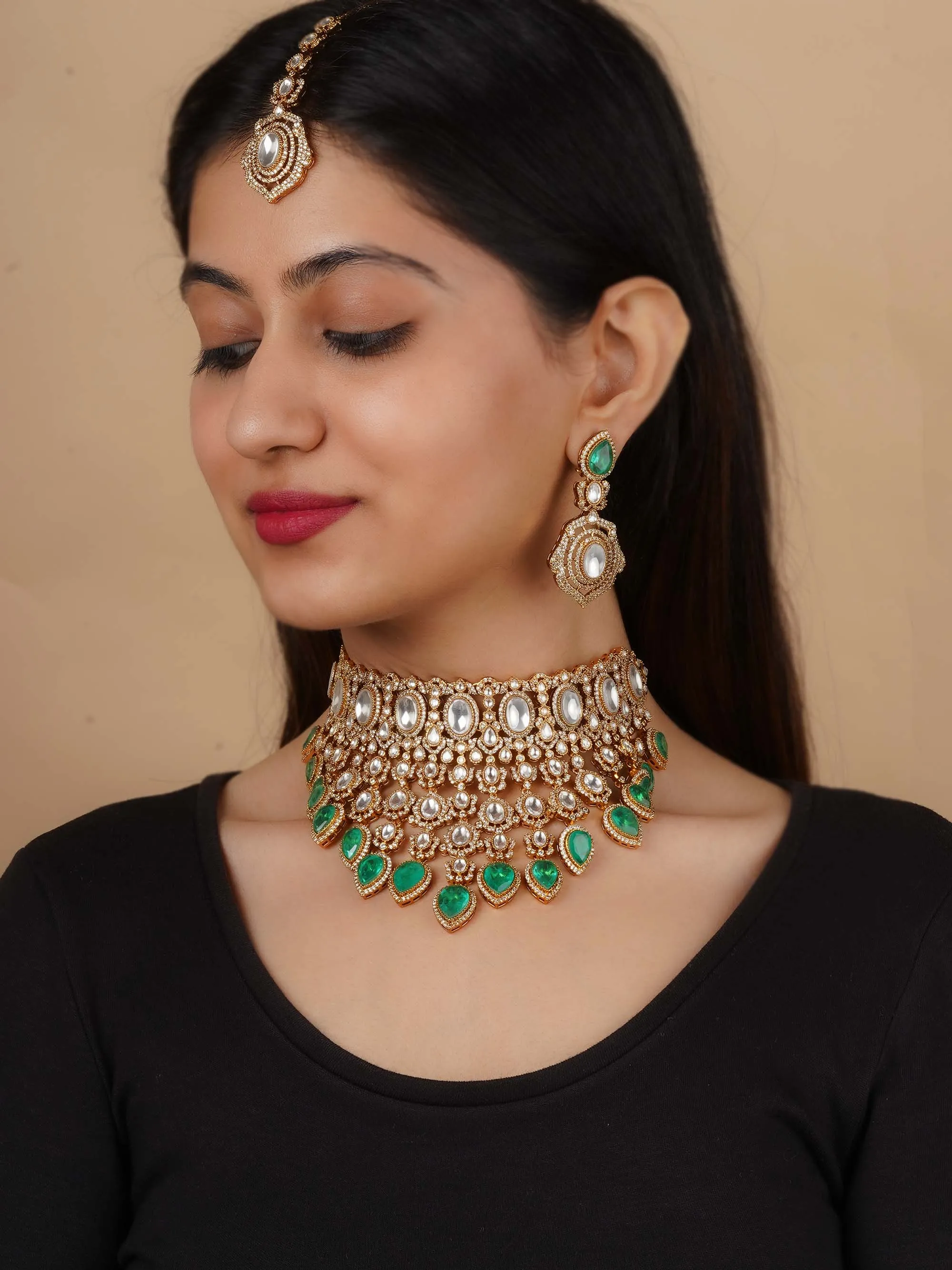 Green Color Gold Plated Faux Diamond Bridal Necklace Set - CZSET352