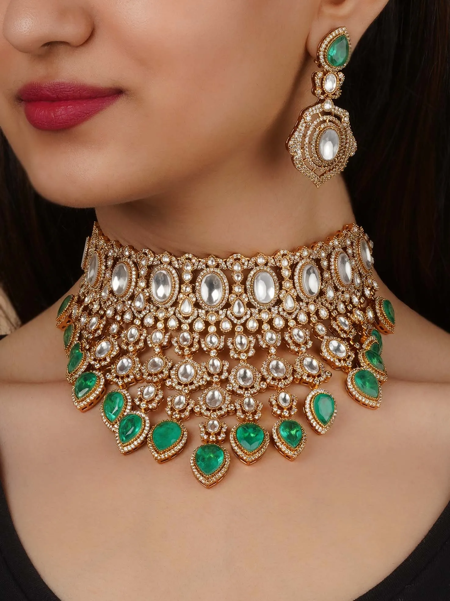 Green Color Gold Plated Faux Diamond Bridal Necklace Set - CZSET352