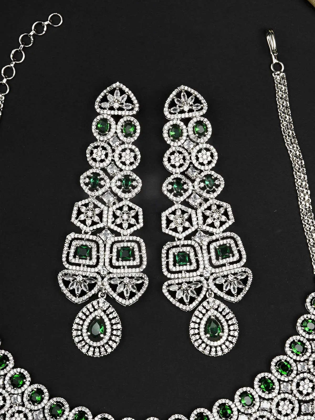 Green Color Silver Plated Faux Diamond Bridal Necklace Set - CZSET327GR