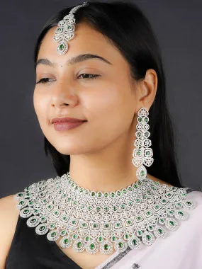 Green Color Silver Plated Faux Diamond Bridal Necklace Set - CZSET327GR