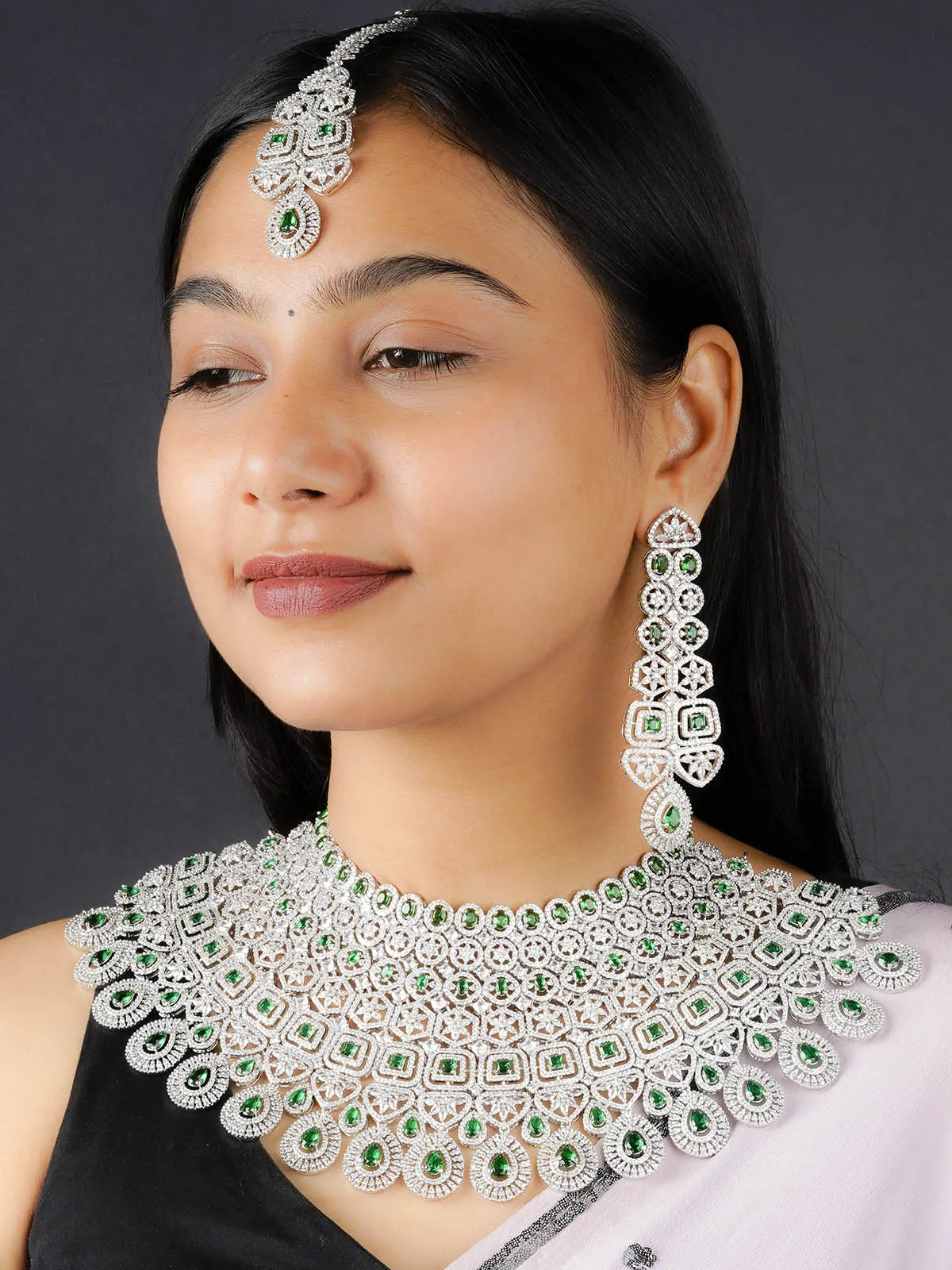 Green Color Silver Plated Faux Diamond Bridal Necklace Set - CZSET327GR